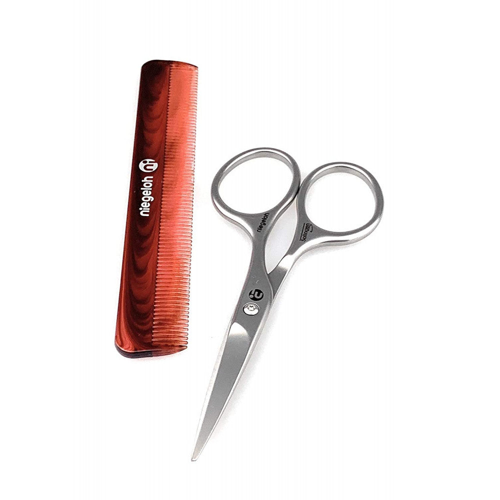 Niegeloh Solingen Mustache and Beard Scissors with Niegeloh Fine Tooth Comb for Mustache Hair Care