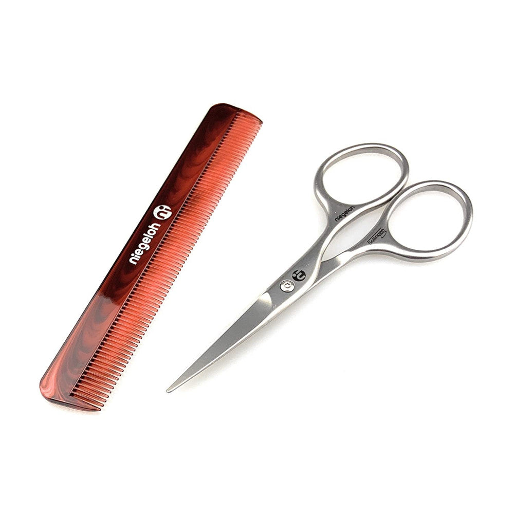 Niegeloh Solingen Mustache and Beard Scissors with Niegeloh Fine Tooth Comb for Mustache Hair Care